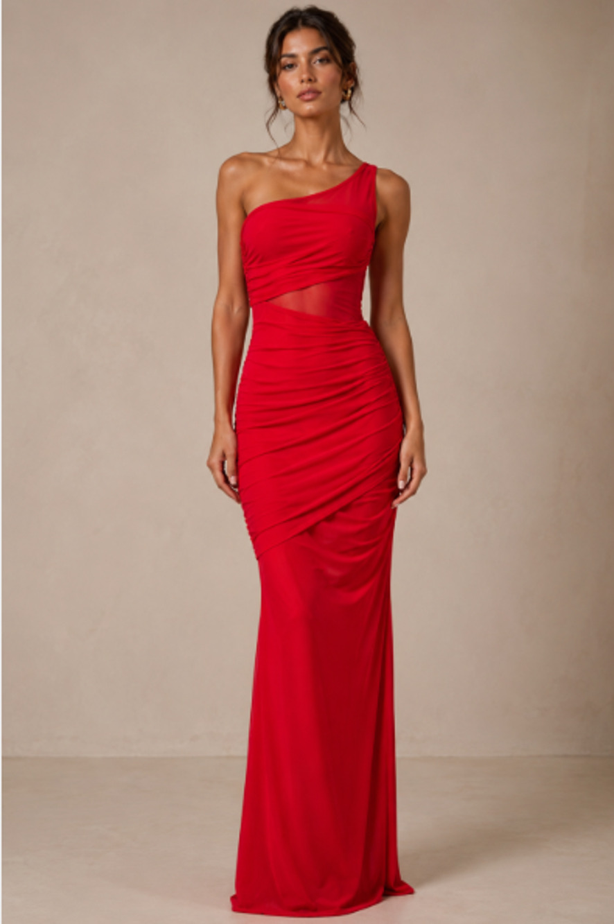 NWT GAUGE81 Moni Scarlet One Shoulder Mesh Ruched Maxi Dress Sz 36 XS Sexy Party